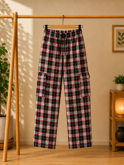 Stylish cargo Four packets Trousers colours (1 .BLUE AND WHITE CHECK 2.BLACK AND WHITE CHECK 3 .RED AND WHITE BLACK CHECK 4. WHITE AND BLACK CHECK )