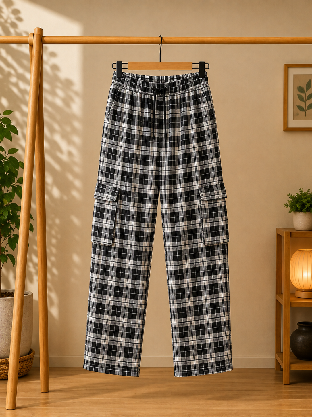 Stylish cargo Four packets Trousers colours (1 .BLUE AND WHITE CHECK 2.BLACK AND WHITE CHECK 3 .RED AND WHITE BLACK CHECK 4. WHITE AND BLACK CHECK )