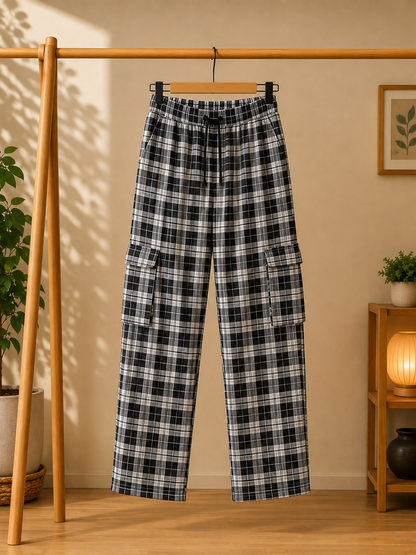 Stylish cargo Four packets Trousers colours (1 .BLUE AND WHITE CHECK 2.BLACK AND WHITE CHECK 3 .RED AND WHITE BLACK CHECK 4. WHITE AND BLACK CHECK )