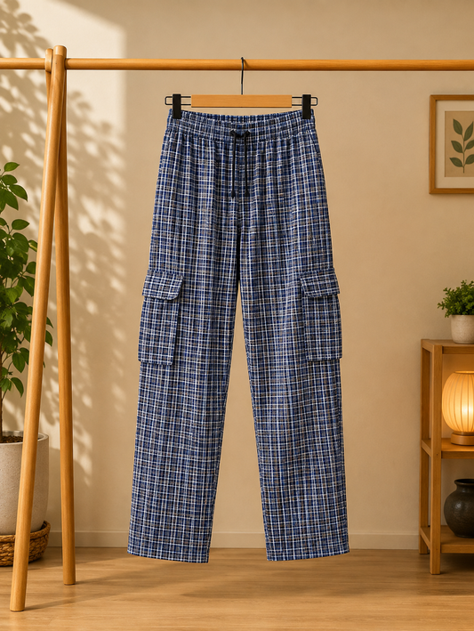 Stylish cargo Four packets Trousers colours (1 .BLUE AND WHITE CHECK 2.BLACK AND WHITE CHECK 3 .RED AND WHITE BLACK CHECK 4. WHITE AND BLACK CHECK )