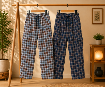 Stylish Cargo four Pouckets Trousers (Pack of 2) colours (1.🤎 Light Brown Check 2.🔵 Navy Blue Check