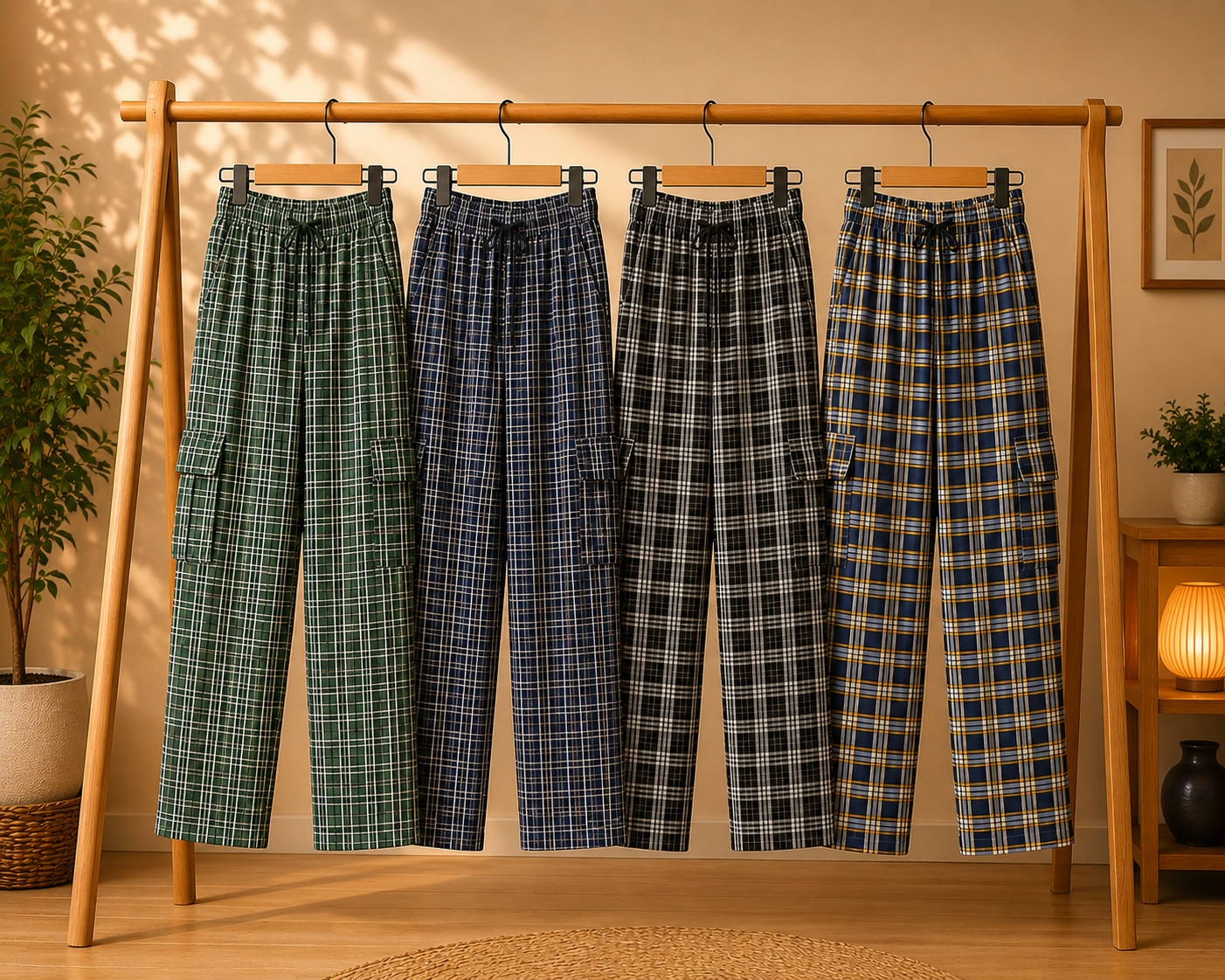 Stylish Four pockets Trousers (Pack of 4) COLORS (1.Bottle Green 2.Navy Blue 3.Black & White Check 4. Mustard Yellow & Navy Blue Check