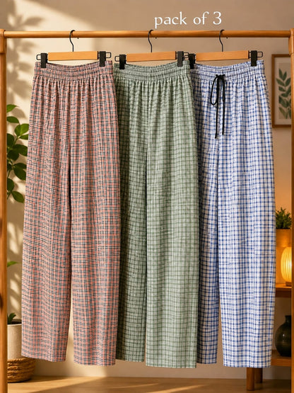 Stylish Cargo Four Pockets Trouser    (Pack of 3) colours ( 1.Dusty Peach 2.navy Blue White 3.Sage Green Check  4.Steel Blue Check)